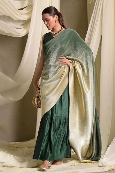 Tasuvure Indes_Green Polyester Round Neck Emerald Ombre Accordion Pleat Saree Gown _Online_at_Aza_Fashions