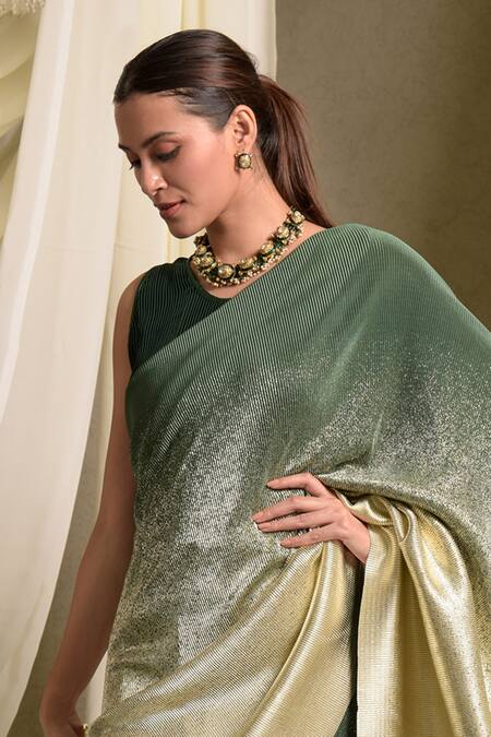 Buy_Tasuvure Indes_Green Polyester Round Neck Emerald Ombre Accordion Pleat Saree Gown _Online_at_Aza_Fashions
