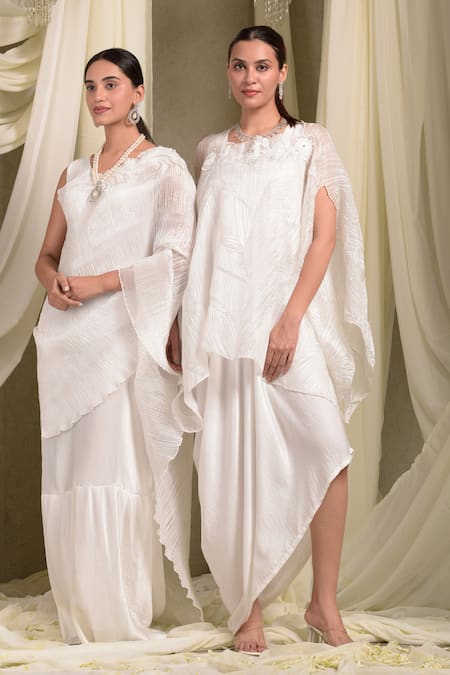 Buy_Tasuvure Indes_Ivory Organza, Polyester Round Neck Pristine Accordion Pleat Saree Gown_Online_at_Aza_Fashions