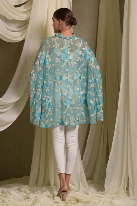 Shop_Tasuvure Indes_Blue Chanderi Embroidery Collared Elahe Kaftan Shirt _at_Aza_Fashions