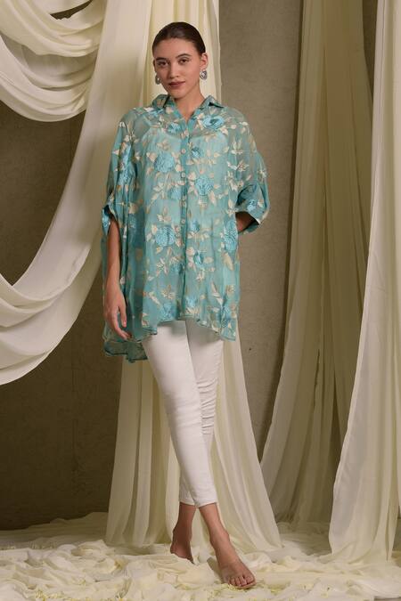 Tasuvure Indes_Blue Chanderi Embroidery Collared Elahe Kaftan Shirt _Online_at_Aza_Fashions
