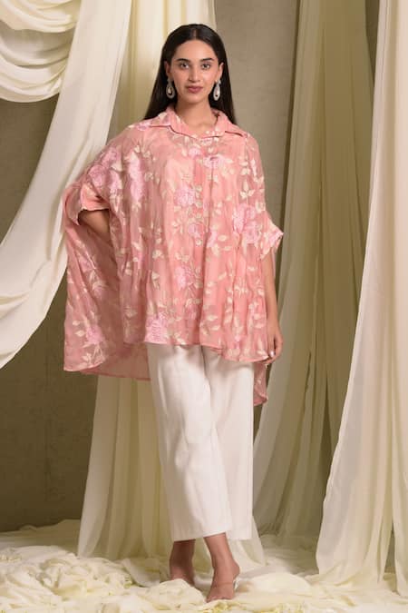 Tasuvure Indes Pink Cotton Chanderi Embroidered Gara Collared Elahe Rose Kaftan Shirt 