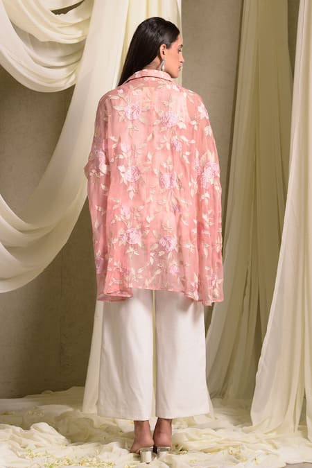 Shop_Tasuvure Indes_Pink Cotton, Chanderi Embroidery Collared Elahe Rose Kaftan Shirt _at_Aza_Fashions