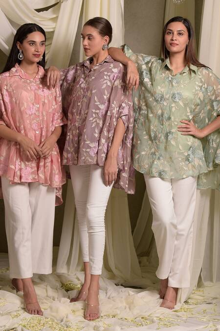 Tasuvure Indes_Pink Cotton, Chanderi Embroidery Collared Elahe Rose Kaftan Shirt _Online_at_Aza_Fashions