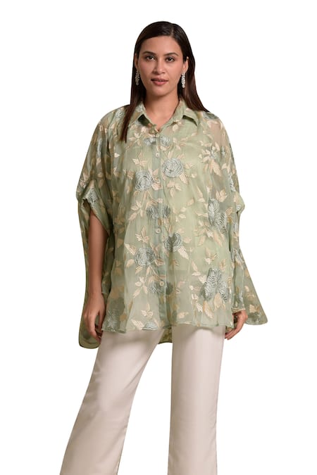 Tasuvure Indes_Green Cotton, Chanderi Embroidery Collared Elahe Rose Pattern Kaftan Shirt_Online_at_Aza_Fashions
