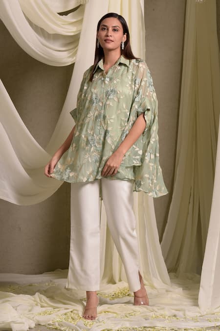 Buy_Tasuvure Indes_Green Cotton, Chanderi Embroidery Collared Elahe Rose Pattern Kaftan Shirt_Online_at_Aza_Fashions
