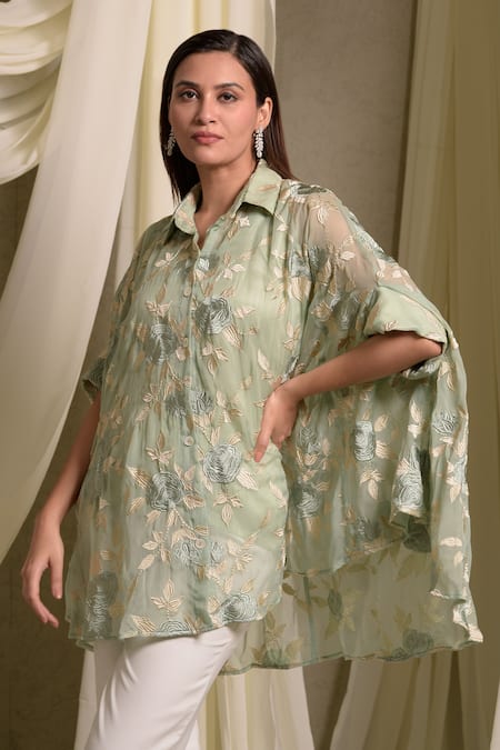 Shop_Tasuvure Indes_Green Cotton, Chanderi Embroidery Collared Elahe Rose Pattern Kaftan Shirt_Online_at_Aza_Fashions