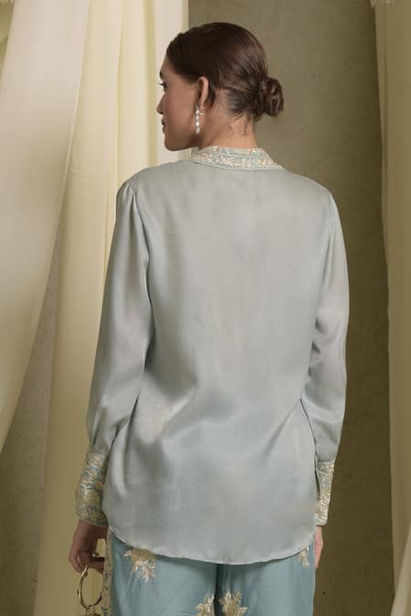 Shop_Tasuvure Indes_Blue Georgette Embroidery Collared Reyna Shirt _at_Aza_Fashions