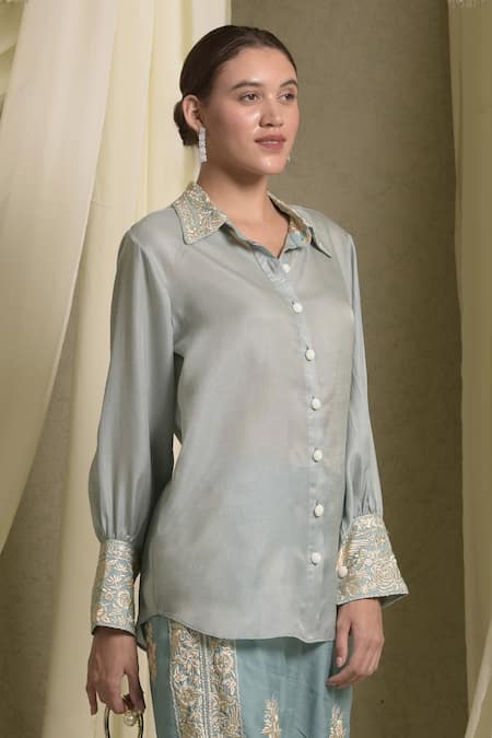 Tasuvure Indes_Blue Georgette Embroidery Collared Reyna Shirt _Online_at_Aza_Fashions