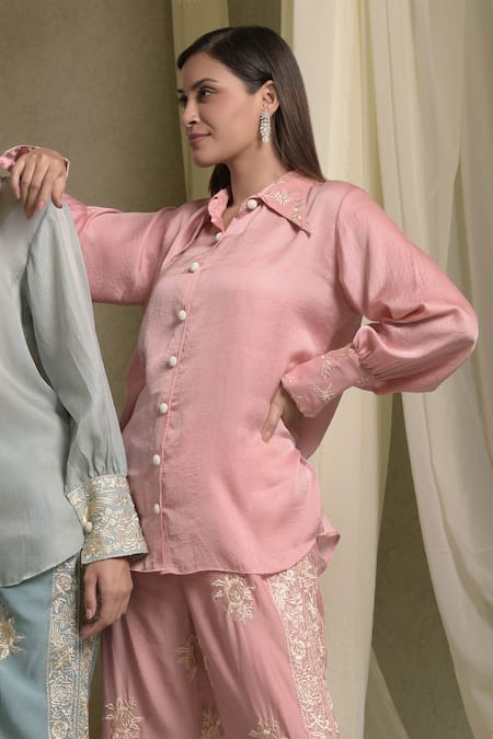 Shop_Tasuvure Indes_Pink Georgette Embroidery Collared Reyna Cuff Shirt_at_Aza_Fashions