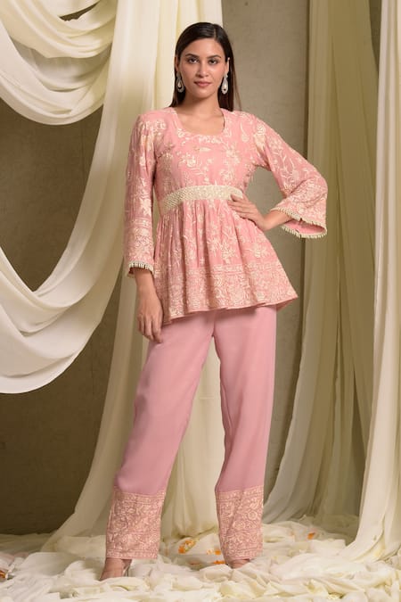 Tasuvure Indes Pink Georgette Gara Round Reyna Embroidered Peplum Tunic With Pant 