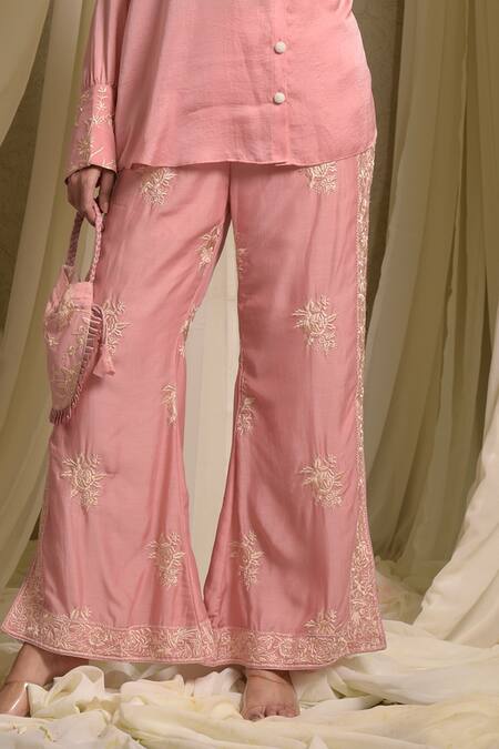Tasuvure Indes Pink Georgette Embroidery Collared Reyna Gara Glazed Shirt With Slit Pant Online at Aza Fashions Tasuvure Indes_Pink Georgette Embroidery Collared Reyna Gara Glazed Shirt With Slit Pant_Online_at_Aza_Fashions