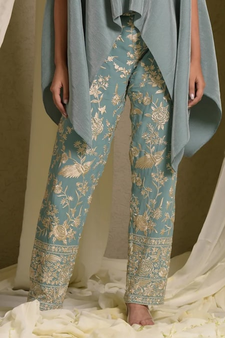 Tasuvure Indes_Blue Georgette Embroidery Reyna Neck Cape With Pant_Online_at_Aza_Fashions