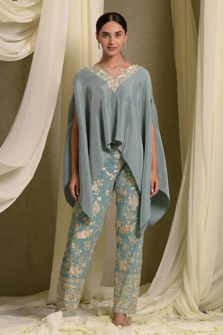 Shop_Tasuvure Indes_Blue Georgette Embroidery Reyna Neck Cape With Pant_Online_at_Aza_Fashions