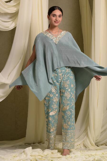 Tasuvure Indes_Blue Georgette Embroidery Reyna Neck Cape With Pant_at_Aza_Fashions
