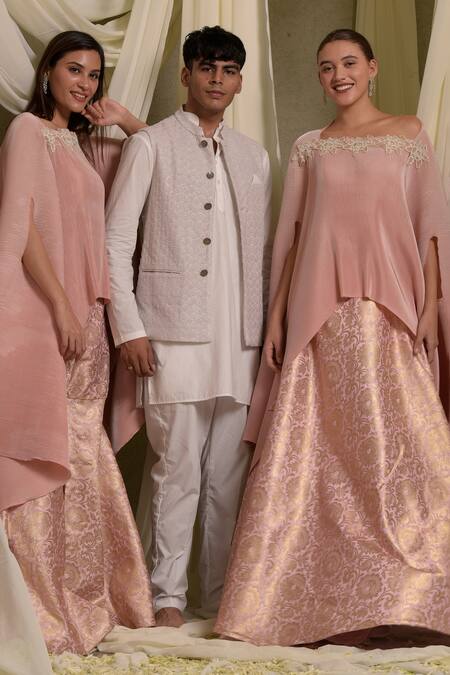 Tasuvure Indes_Pink Brocade, Silk Divine Florence Applique Pleated Cape With Lehenga_Online_at_Aza_Fashions