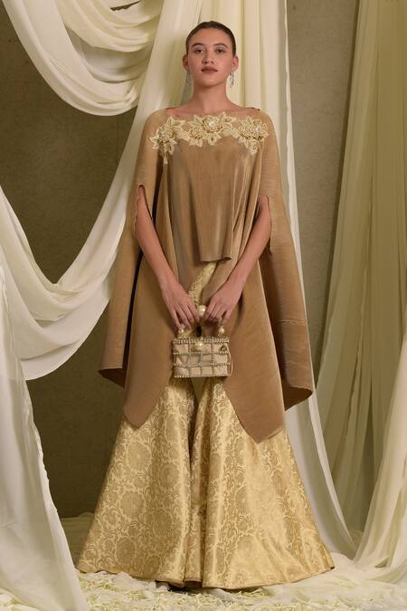 Shop_Tasuvure Indes_Gold Brocade, Silk Embroidery Divine Phool Applique Cape With Sharara Pant_Online_at_Aza_Fashions