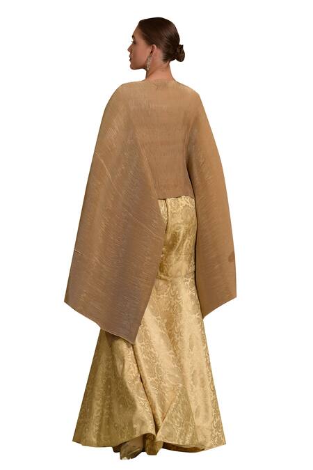 Tasuvure Indes Gold Brocade, Silk Embroidery Divine Phool Applique Cape With Sharara Pant at Aza Fashions Tasuvure Indes_Gold Brocade, Silk Embroidery Divine Phool Applique Cape With Sharara Pant_at_Aza_Fashions