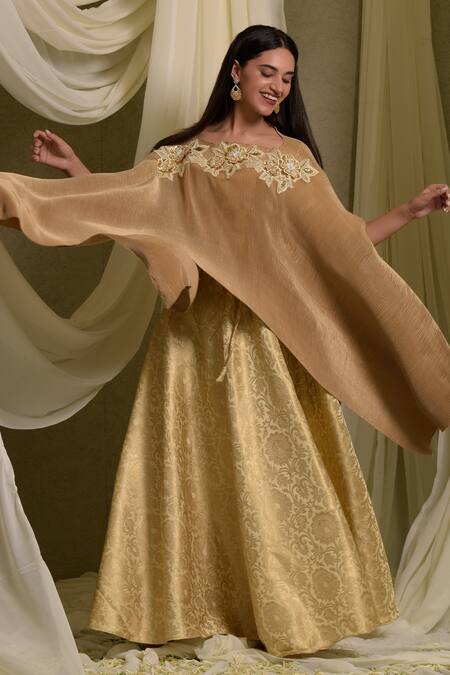 Tasuvure Indes_Gold Brocade, Silk Embroidery Divine Gul Applique Cape With Lehenga_Online_at_Aza_Fashions