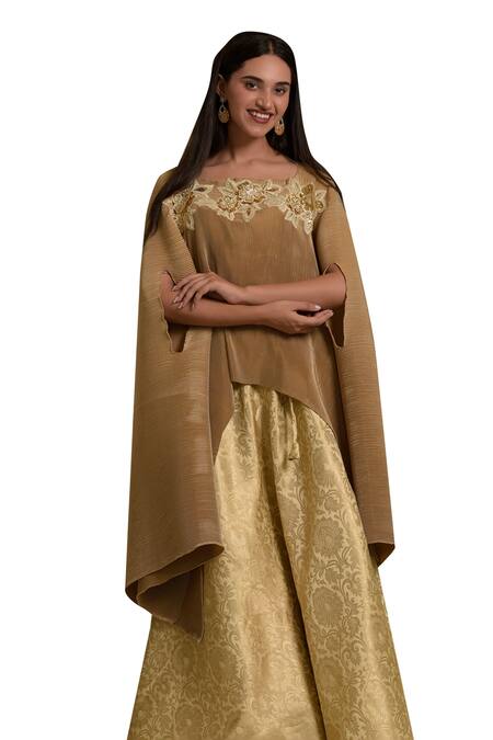 Buy_Tasuvure Indes_Gold Brocade, Silk Embroidery Divine Gul Applique Cape With Lehenga_Online_at_Aza_Fashions