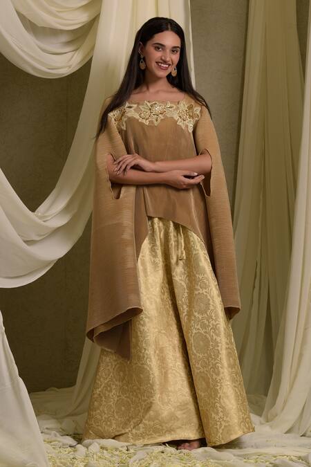Shop_Tasuvure Indes_Gold Brocade, Silk Embroidery Divine Gul Applique Cape With Lehenga_Online_at_Aza_Fashions