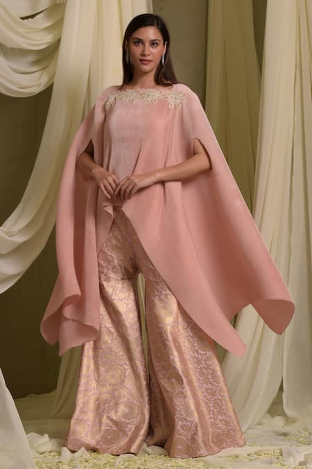 Tasuvure Indes Pink Pleated Silk Embroidery Vine Gara Boat Neck Cape With Sharara Pant 