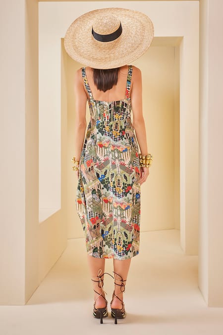 Shop_The Royaleum_Multi Color Crepe Plunge Neck Landscape Print Corset Dress _at_Aza_Fashions
