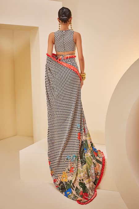 The Royaleum Multi Color Checkered Print Saree Set 