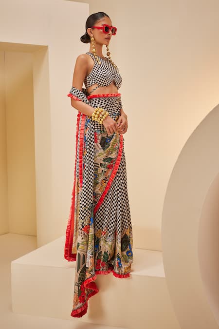 The Royaleum_Twill, Satin, Silk Round Neck Multi Color Checkered Print Saree Set _Online_at_Aza_Fashions