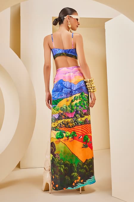 Shop_The Royaleum_Multi Color Silk V-neck Landscape Print Bralette With Skirt _at_Aza_Fashions