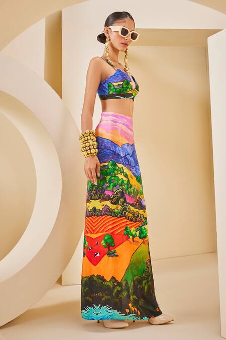 Buy_The Royaleum_Multi Color Silk V-neck Landscape Print Bralette With Skirt _Online_at_Aza_Fashions