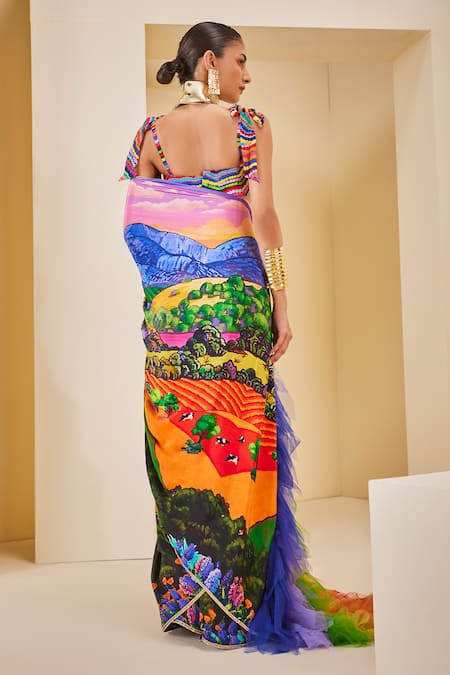 Shop_The Royaleum_Multi Color Silk Square Neck Landscape Print Saree Set _at_Aza_Fashions