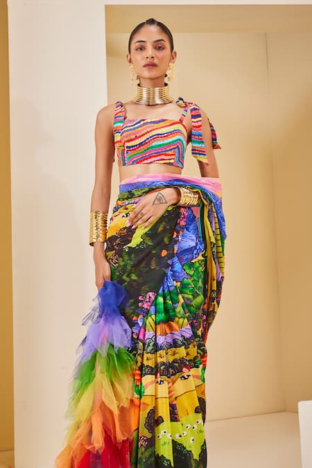 The Royaleum_Multi Color Silk Square Neck Landscape Print Saree Set _Online_at_Aza_Fashions