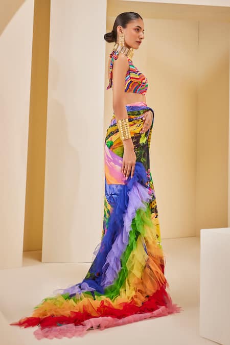 Buy_The Royaleum_Multi Color Silk Square Neck Landscape Print Saree Set _Online_at_Aza_Fashions