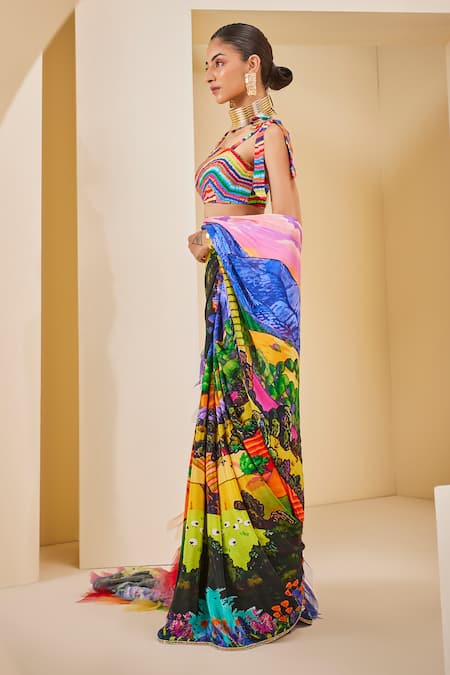 Shop_The Royaleum_Multi Color Silk Square Neck Landscape Print Saree Set _Online_at_Aza_Fashions