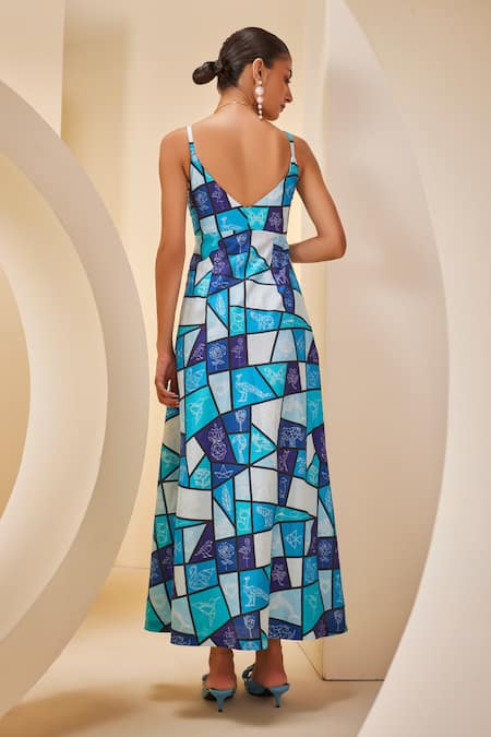 Shop_The Royaleum_Multi Color Twill, Satin V-neck Geometric Patchwork Print Dress _at_Aza_Fashions