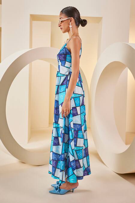 Buy_The Royaleum_Multi Color Twill, Satin V-neck Geometric Patchwork Print Dress _Online_at_Aza_Fashions