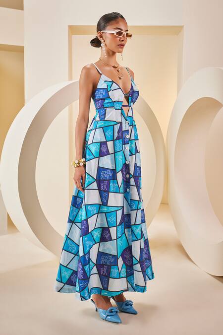 Shop_The Royaleum_Multi Color Twill, Satin V-neck Geometric Patchwork Print Dress _Online_at_Aza_Fashions