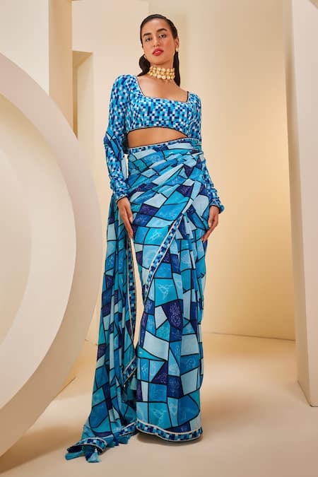 The Royaleum Geometric Patchwork Print Saree Set 