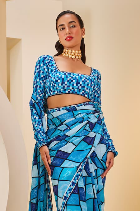 The Royaleum_Blue Silk Square Neck Geometric Patchwork Print Saree Set _Online_at_Aza_Fashions