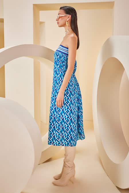 The Royaleum_Multi Color Silk Bandeau Neck Mosaic Print Tube Dress _Online_at_Aza_Fashions