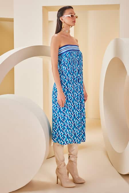 Buy_The Royaleum_Multi Color Silk Bandeau Neck Mosaic Print Tube Dress _Online_at_Aza_Fashions
