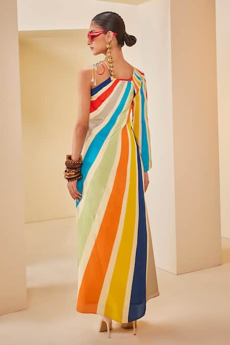 Shop_The Royaleum_Multi Color Silk Halter Neck Vertical Rainbow Stripe Print Dress _at_Aza_Fashions