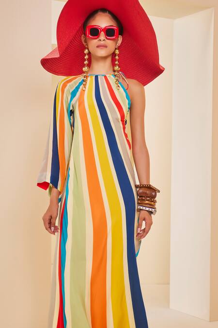 The Royaleum_Multi Color Silk Halter Neck Vertical Rainbow Stripe Print Dress _Online_at_Aza_Fashions