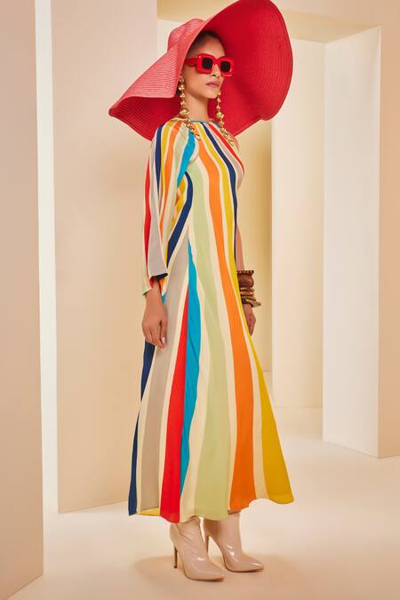 Buy_The Royaleum_Multi Color Silk Halter Neck Vertical Rainbow Stripe Print Dress _Online_at_Aza_Fashions
