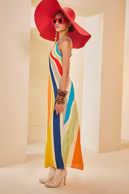 Shop_The Royaleum_Multi Color Silk Halter Neck Vertical Rainbow Stripe Print Dress _Online_at_Aza_Fashions