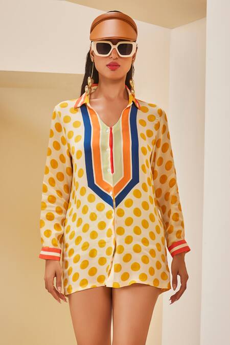 The Royaleum_Multi Color Silk Collared Polka Dot Print Shirt Dress _Online_at_Aza_Fashions