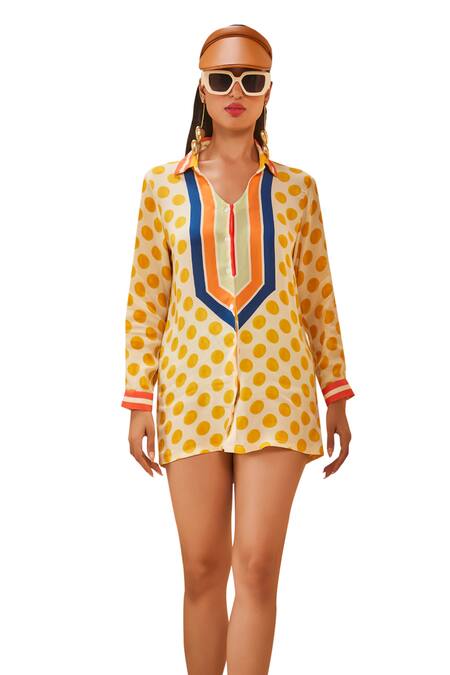 Buy_The Royaleum_Multi Color Silk Collared Polka Dot Print Shirt Dress _Online_at_Aza_Fashions