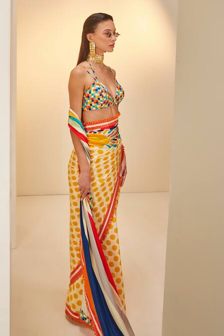 The Royaleum_Yellow Silk V-neck Multi Color Polka Dot Saree Set _Online_at_Aza_Fashions