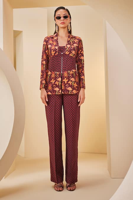 The Royaleum Brown Twill Satin Printed Flamingo Lapel Checkered Blazer Pant Set 